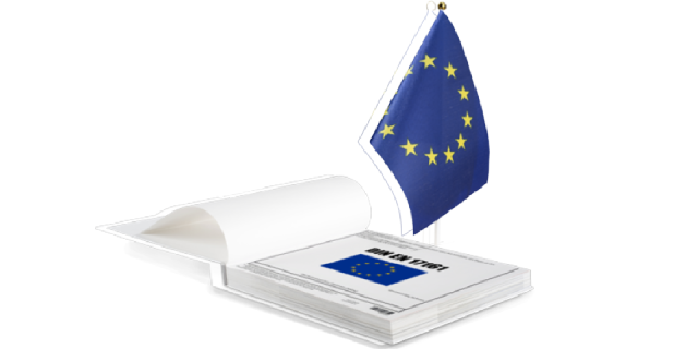 Book with a blue flag on it showing the European Union stars