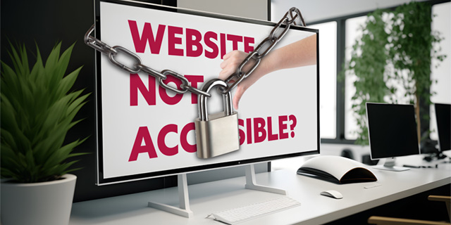 Screen with chain and lock in front with text: "Website not accessible?"